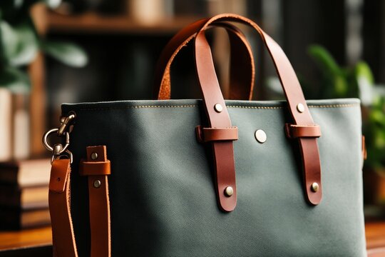 A close-up of a khaki green canvas bag with leather straps, detailed stitching, and visible wear marks