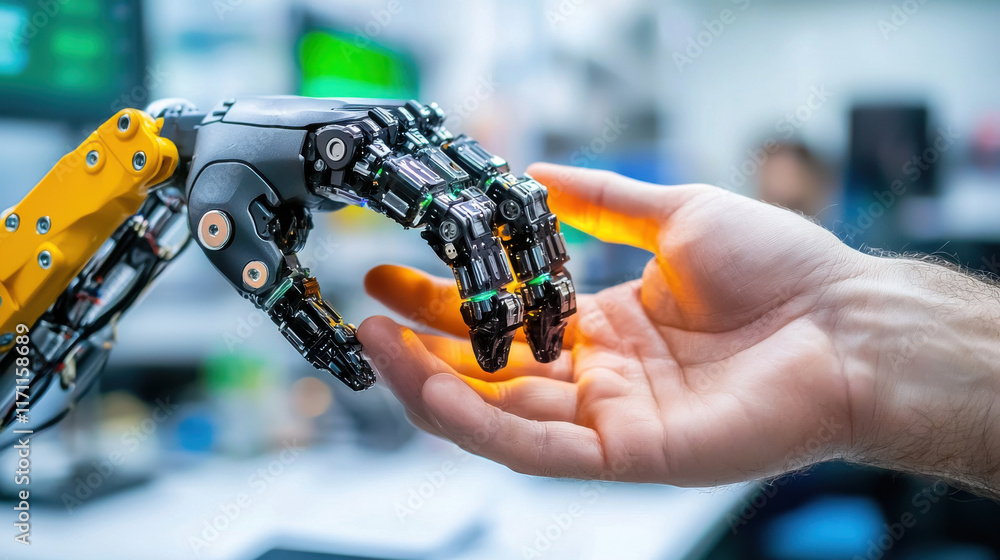 Poster robotic hand interacts with human hand, showcasing advanced technology and innovation in robotics. t