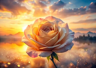 Sunrise Rose Double Exposure: Dreamy Floral Dawn Stock Photo