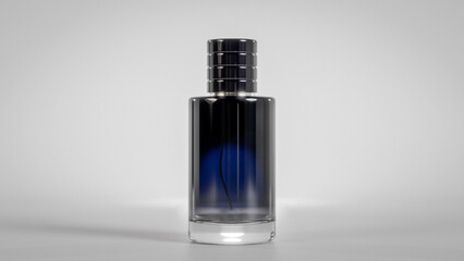 A bottle of perfume with a cap on top. The bottle is blue gradient glass premium photo 3d render
