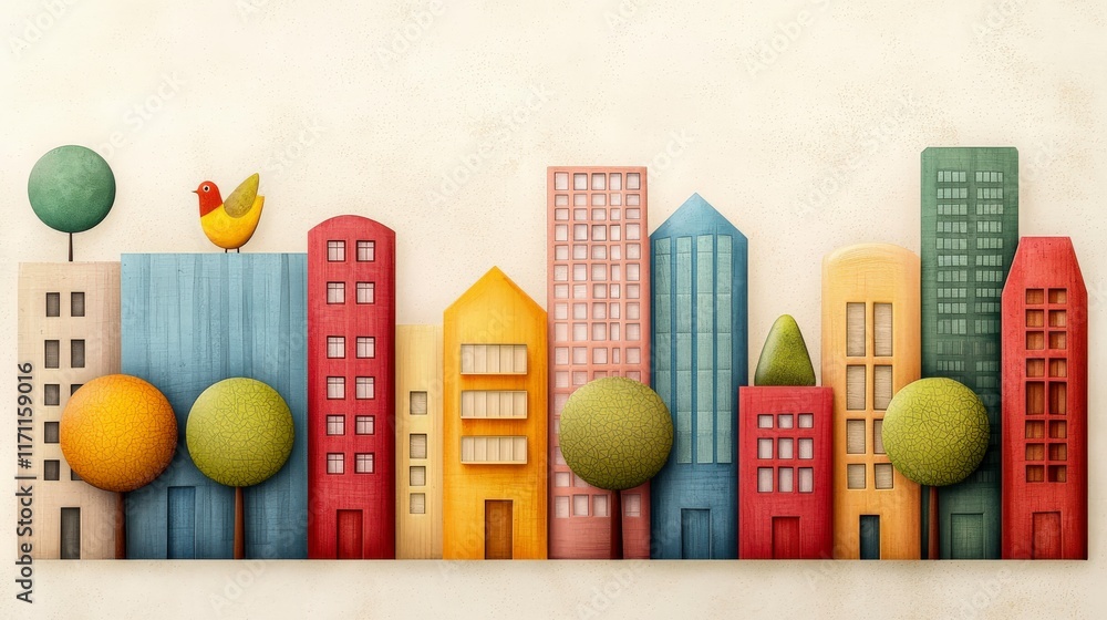 Poster colorful abstract cityscape with trees and bird in playful vector art style