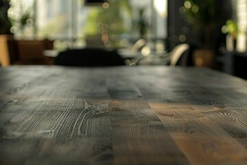 Dark wood table in a modern cafe setting. Perfect for product placement or background.