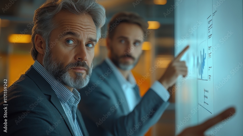 Poster business professionals discussing graphs and data insights in a modern office setting during a corpo