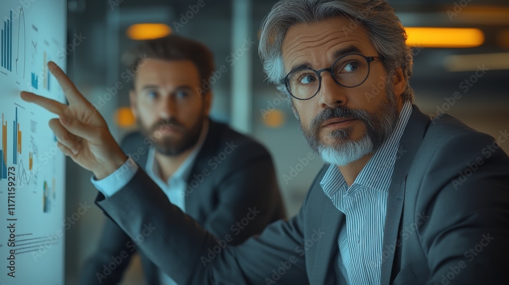Poster business professionals discussing data insights in a modern office setting during a meeting focused 