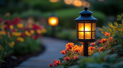 Pathway illuminated by lanterns amidst vibrant flowers at dusk creates a serene outdoor atmosphere in a suburban garden