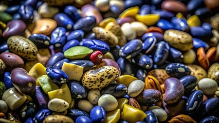 Low-light captures a diverse spectrum of dried beans; a rich, close-up legume portrait.