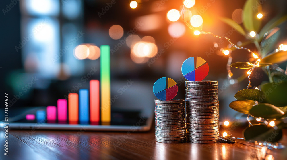 Poster close up of analytics tool featuring colorful pie charts and bar graphs, with stacks of coins in foreground, symbolizing financial growth and data analysis
