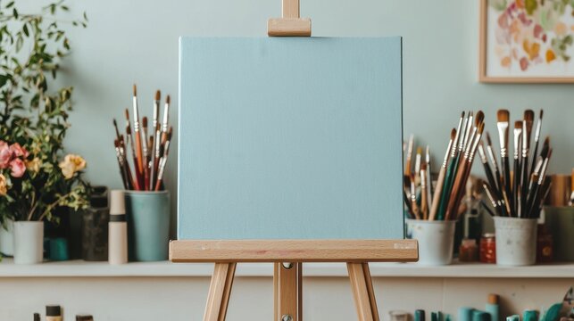 A serene art studio space with neatly organized paints brushes and canvases illuminated by warm sunlight inspiring and tranquil