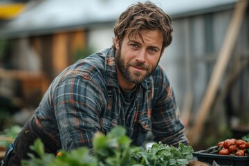 Bearded man working at a market stall surrounded by fresh vegetables in a rustic setting during the afternoon