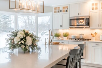 A contemporary kitchen featuring an open concept design, with a large island and bar stools for casual dining