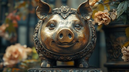 Fototapeta premium Ornate bronze pig statue, floral market display