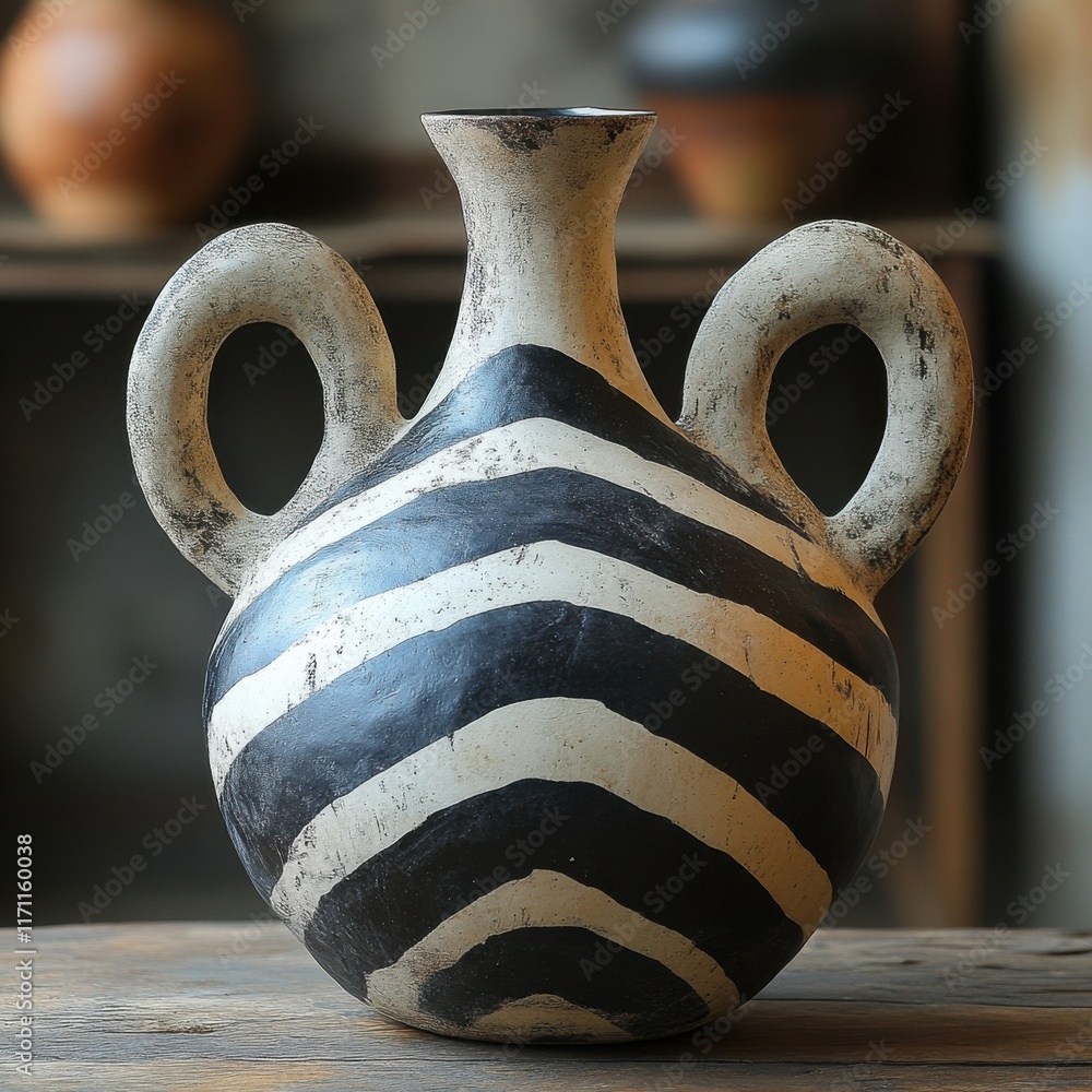 Aufkleber unique handmade pottery with distinctive black and white zigzag patterns on display in a rustic work