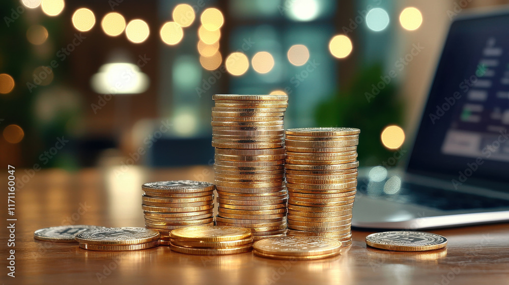 Poster close up of stacked coins next to financial reports and laptop, symbolizing investment and savings. 