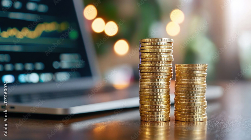 Poster close up of stacked coins next to financial reports and laptop, symbolizing investment and savings. 