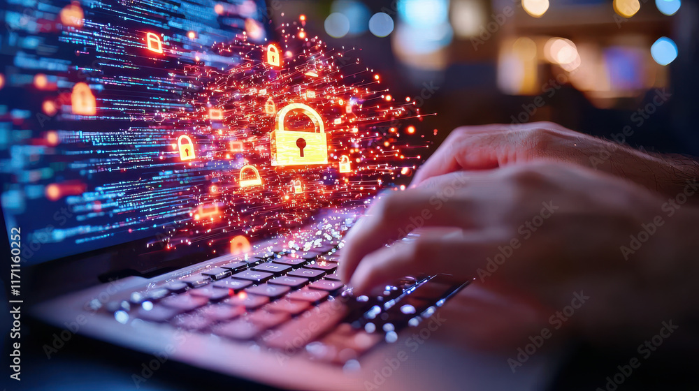 Leinwandbilder close up of hands typing on keyboard with holographic security icons, symbolizing digital protection