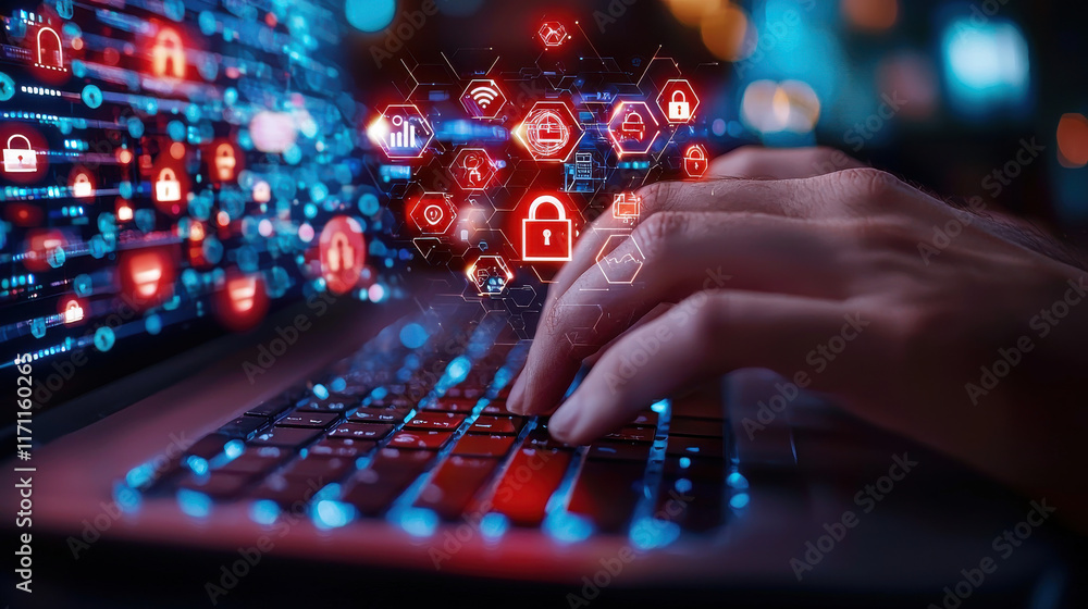 Aufkleber close up of hands typing on keyboard with holographic security icons, representing digital safety an