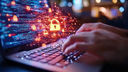 close up of hands typing on keyboard with holographic security icons, symbolizing digital protection and cybersecurity. image conveys sense of urgency and importance in safeguarding information