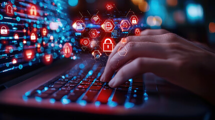 close up of hands typing on keyboard with holographic security icons, representing digital safety and technology. image conveys sense of innovation and cybersecurity