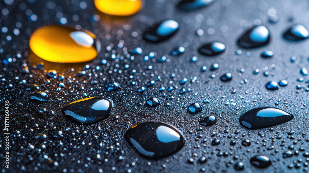 Aufkleber close up shot of water droplets on smooth surface, showcasing vibrant colors and reflections. image 