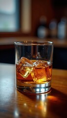 Wooden bar counter displays a single glass of whiskey with melting ice cubes, bar, whiskey, glass