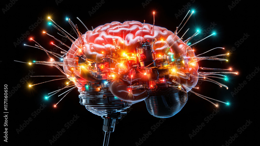 Fototapete conceptual depiction of neural interface with glowing brain, showcasing vibrant circuits and lights,