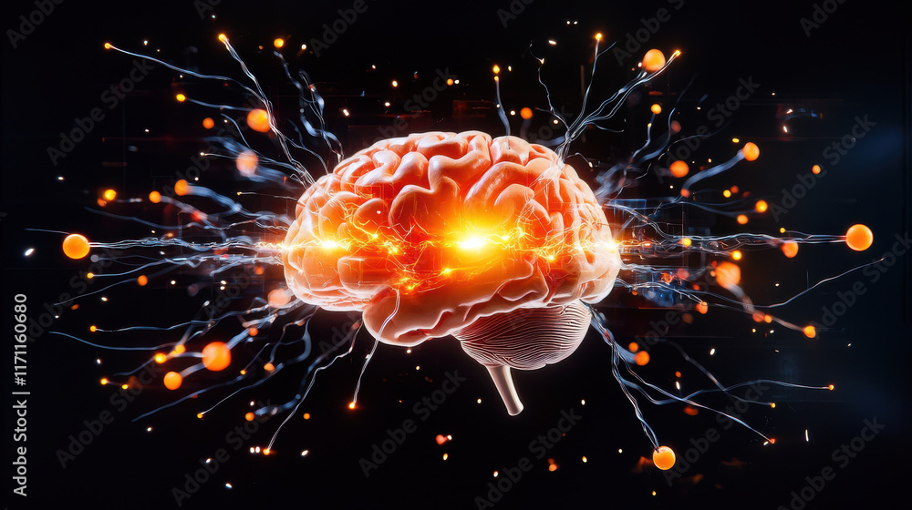 Poster conceptual depiction of neural interface showcasing brain with electric sparks and glowing elements, symbolizing advanced technology and connectivity