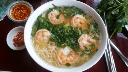 A top-down view of a steaming bowl of hot and sour shrimp soup, surrounded by fresh herbs and a small dish of chili paste for an inviting atmosphere.