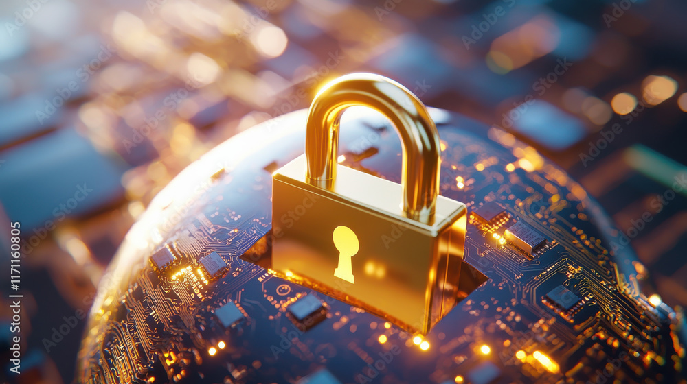 Poster conceptual image of globe with digital lock symbolizing cybersecurity and data protection. golden padlock represents security in digital world