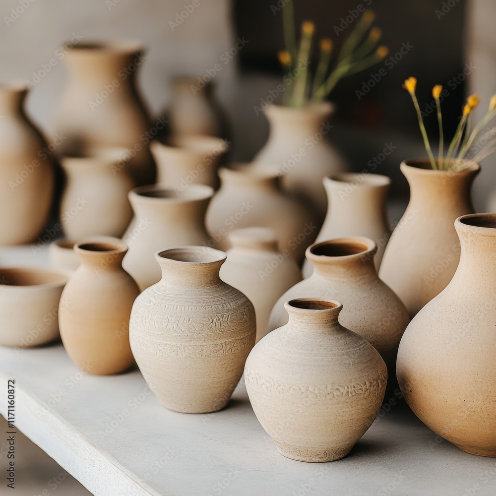 Aufkleber display of handcrafted clay vases arranged on a table with yellow flower stems adding a touch of nat