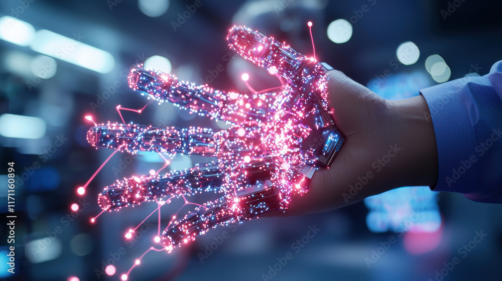 Fototapete futuristic robotic hand with glowing circuits and digital elements, symbolizing integration of ai an