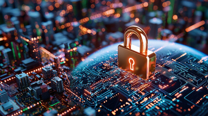 digital globe with glowing padlock symbolizes cybersecurity and data protection. intricate circuit patterns represent technology and connectivity in modern world