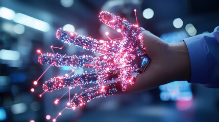 futuristic robotic hand with glowing circuits and digital elements, symbolizing integration of AI and technology in modern life. hand showcases intricate designs and vibrant colors
