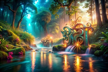 Obraz premium Surreal Bengali Typography: Floating Letters in a Dreamlike Landscape