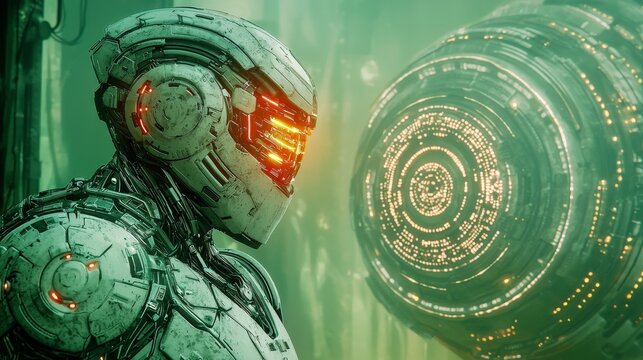 Futuristic Cyborg with Glowing Eyes and Technology in a Green Environment