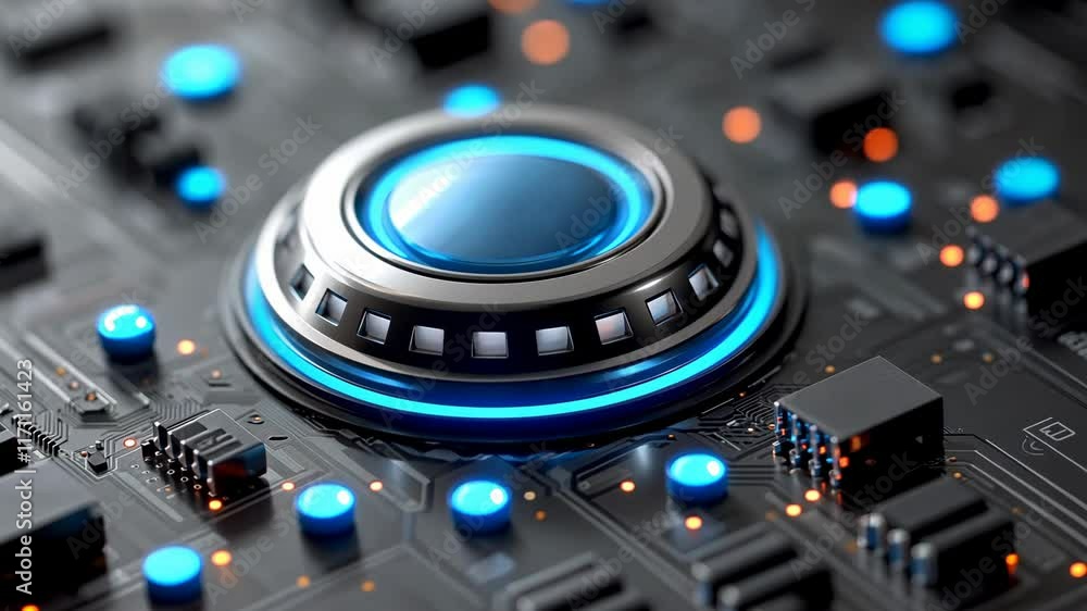 Poster close-up view of advanced technology circuit board with glowing components at a modern electronics l