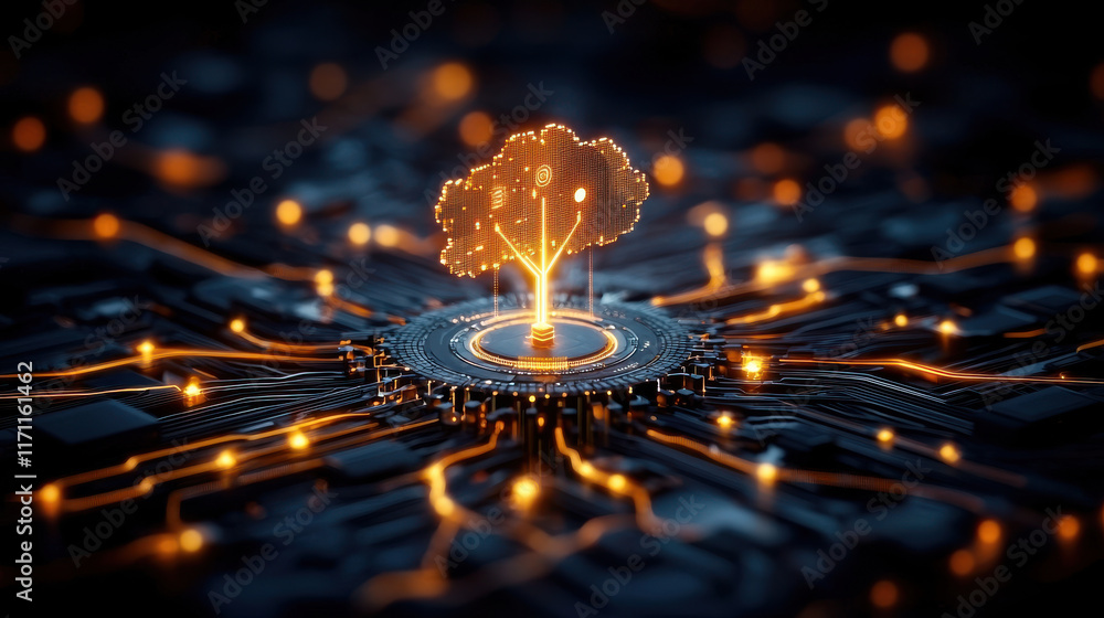 Poster creative depiction of cybersecurity framework featuring glowing cloud symbol connected to network of circuits, representing digital security and data protection