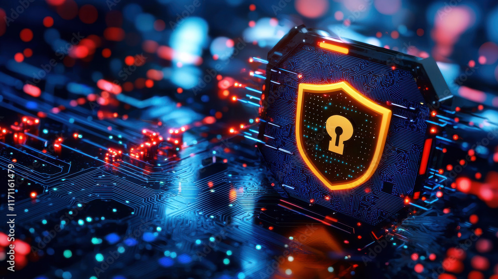 Poster creative depiction of cybersecurity framework featuring shield with keyhole, surrounded by glowing d