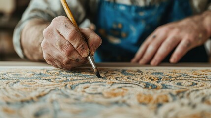 A talented artist adding final touches to an intricate piece of work in a warmly lit studio delicate and precise