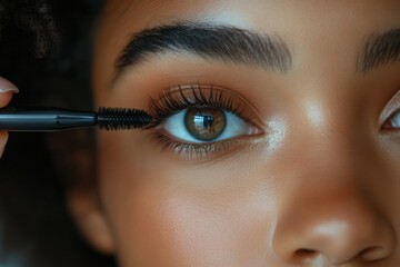 Application of mascara enhances eye features in a close-up view highlighting beauty and makeup techniques