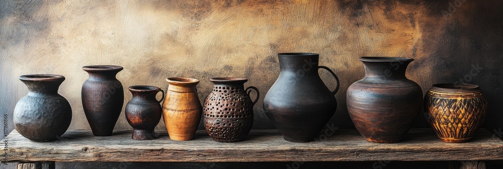 Poster collection of handcrafted pottery displaying various shapes and textures arranged on a rustic wooden
