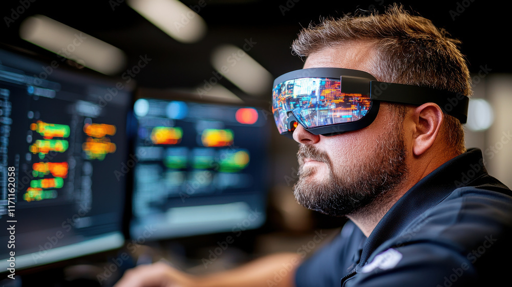 Leinwandbilder cybersecurity expert wearing vr glasses interacts with digital data, showcasing advanced technology 