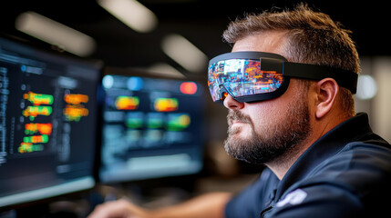 cybersecurity expert wearing VR glasses interacts with digital data, showcasing advanced technology in modern workspace. focus is on innovation and immersive experiences