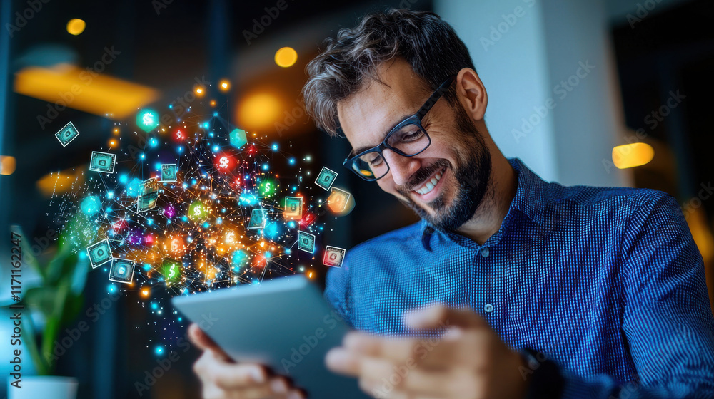 Poster data scientist analyzing financial trends on tablet, smiling with colorful graphics representing mon