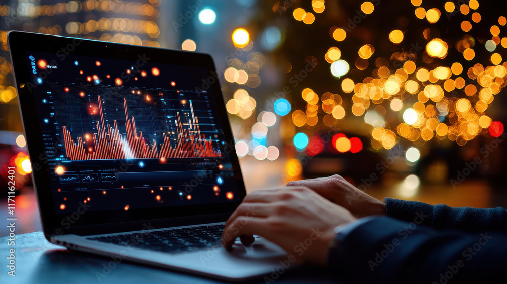 Leinwandbilder data analysis on laptop with vibrant graphs and city lights in background, showcasing intersection o