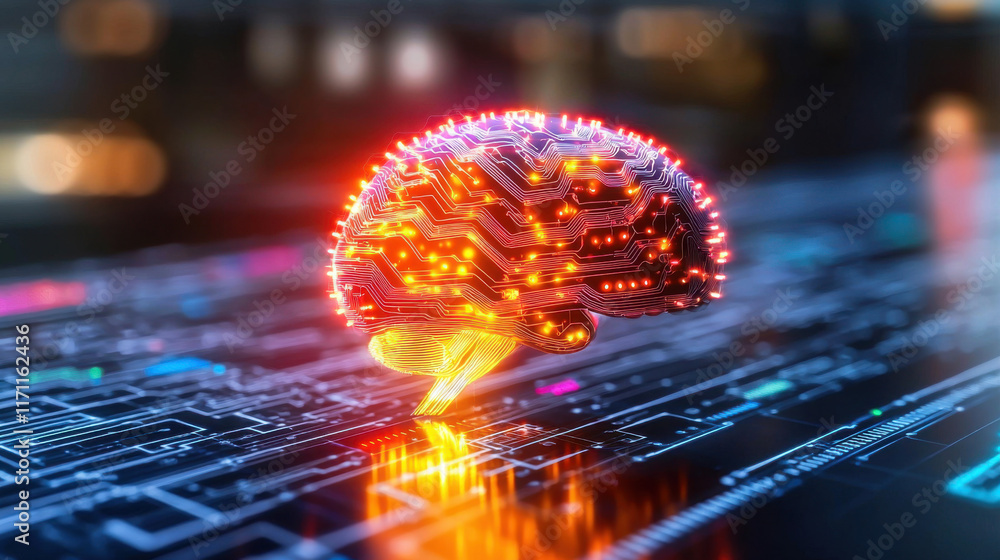 Poster digital representation of brain with glowing circuits symbolizes artificial intelligence and data pr