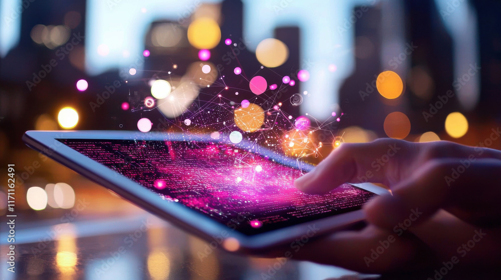 Aufkleber hand holding tablet displaying vibrant digital graphics and data, symbolizing technology and innovat