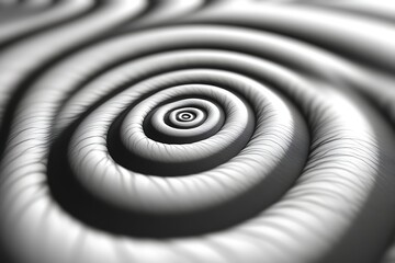 Abstract grayscale concentric circles, swirling pattern, 3D rendering.