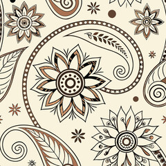 A beautiful, intricate paisley pattern featuring a repeating design of stylized flowers, leaves, and scrolls in shades of brown and beige on a cream background.