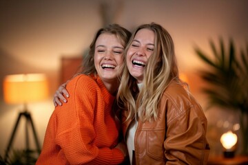 Two young beautiful smiling hipster girls in trendy summer clothes. Sexy carefree women posing on golden background in studio. Positive models
