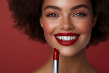 Smiling woman with bold red lips showcasing lipstick in a vibrant studio setting during the afternoon